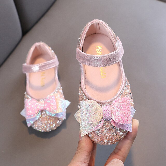Children's Sequins Leather Shoes Spring Girls Bow Rhinestone Princess Shoes Kids Pearl Soft Bottom Flat Shoes Lm42