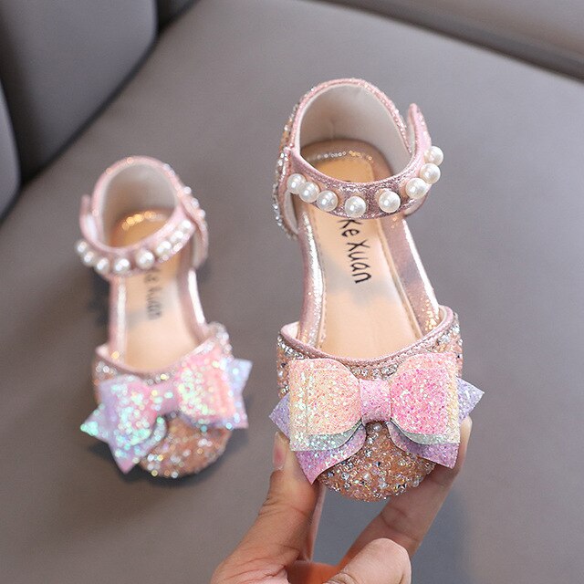 Children's Flat Princess Party Shoes Girls Pearl Sandals Fashion Sequins Bow Rhinestone Baby Shoes Kids Soft Sandals Lm43