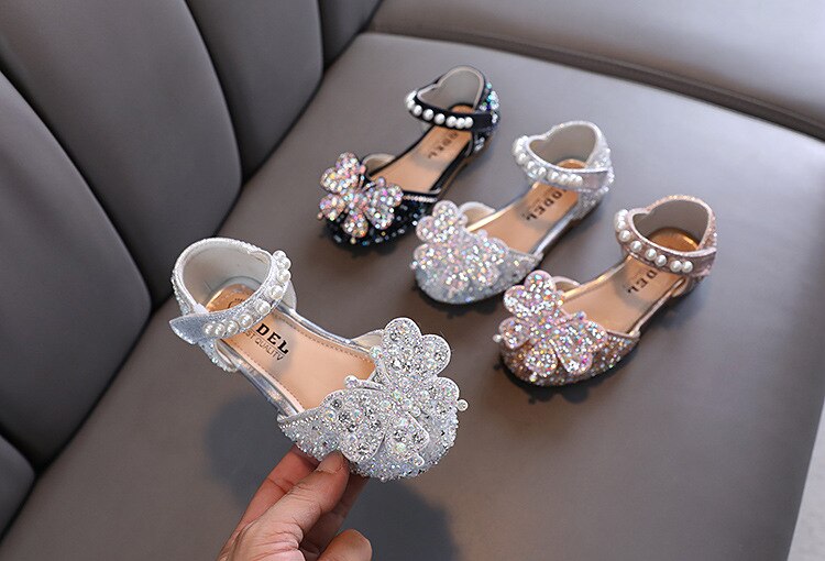 Kids Sequined Bowknot Princess Sandals Girls Glitter Pearl Sandals Children's Dance Leather Shoes Toddler Flats Shoes Lm44