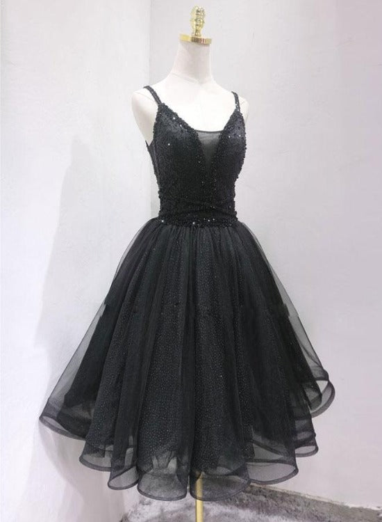 Hand Made New Black Tulle And Beaded Knee Length Straps Evening Dress Homecoming Dress, Black Short Prom Dresses SS451