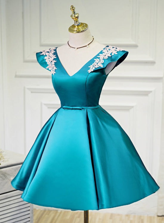 Vintage Blue Satin Lace Homecoming Dress Short Cocktail Dress Party Dress