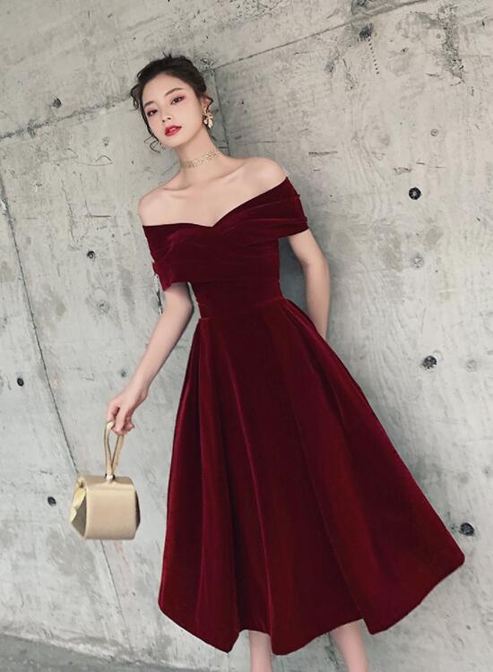 Hand Made Wine Red Off Shoulder Sweetheart Tea Length Evening Party Dress Velvet Prom Dress Ss470