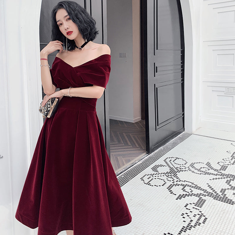 Luxurious Off-shoulder Burgundy Velvet Evening Gown