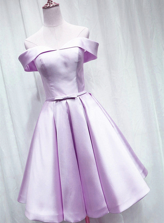 Purple Satin Off Shoulder Short Cute Homecoming Dress, Purple Prom Dress Party Dress