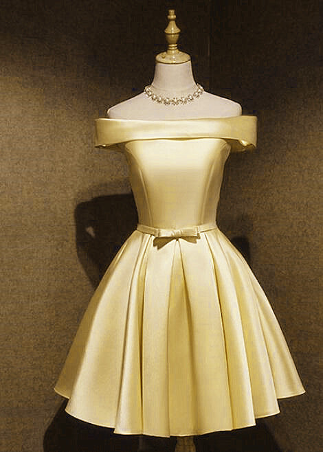 Light Yellow Satin Off Shoulder Knee Length Short Party Dress Prom Dress Homecoming Dress Custom Ss477