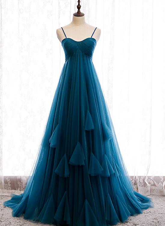 Blue Tulle Straps Long High Waist Prom Dress Evening Party Dresses Custom Size Ss486