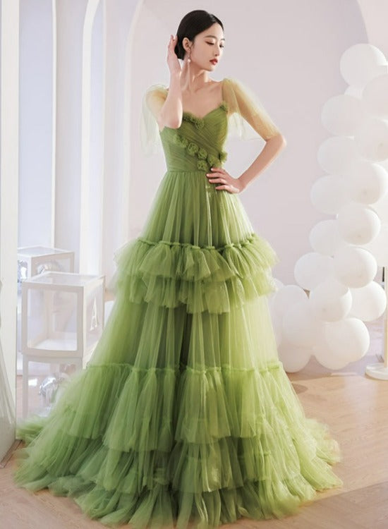Hand Made Light Green Layers Tulle Sweetheart Long Formal Occasion Prom Dresses Wedding Party Dresses Ss489