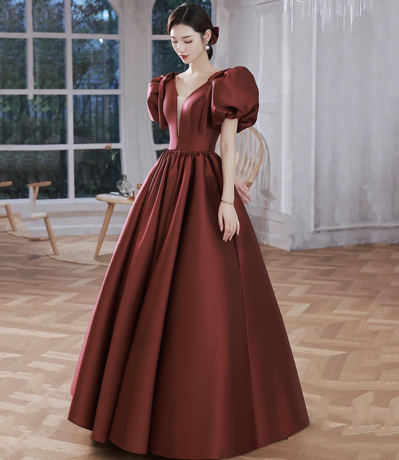 Burgundy V Neck Hand Made Custom Satin Long Prom Gown A Line Formal Evening Gown Ss500