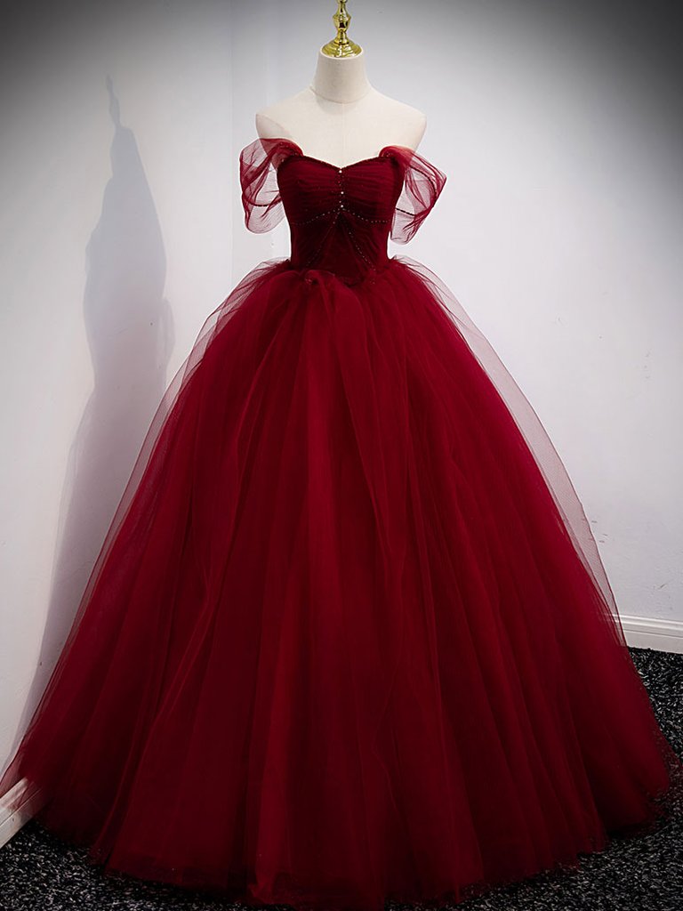 Sweetheart Tulle Long Prom Dress Burgundy Hand Made Evening Dress Ss527