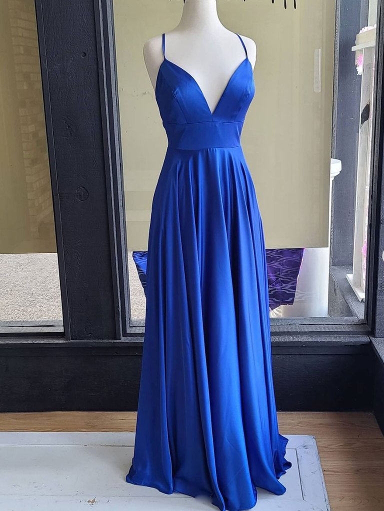 Simple Blue V Neck Satin Long Prom Dress Evening Dress Ss528