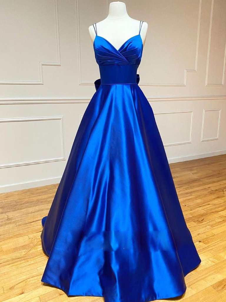 Full Length Blue V Neck Satin Long Prom Dress Evening Dress Ss529