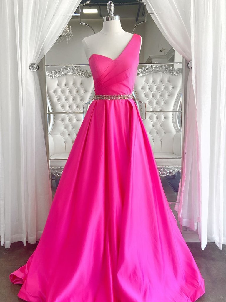 One Shoulder Open Back Pink Long Prom Dresses With Belt Formal Evening Dresses Ss531