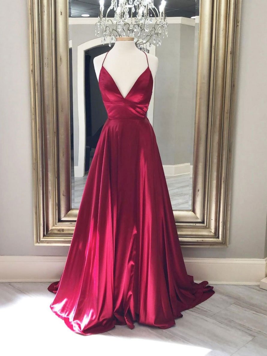 Simple Red V Neck Hand Made Satin Long Prom Dress Evening Dress Ss532