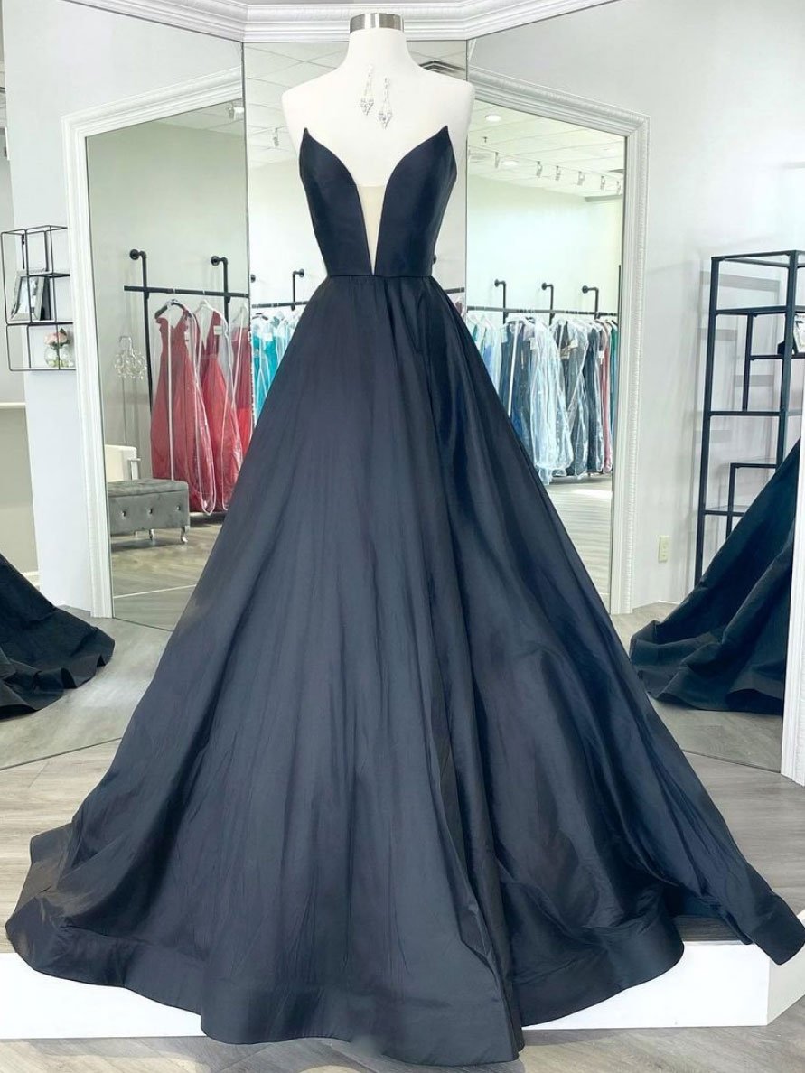 Simple Black V Neck Satin Long Prom Dress Evening Dress Ss534