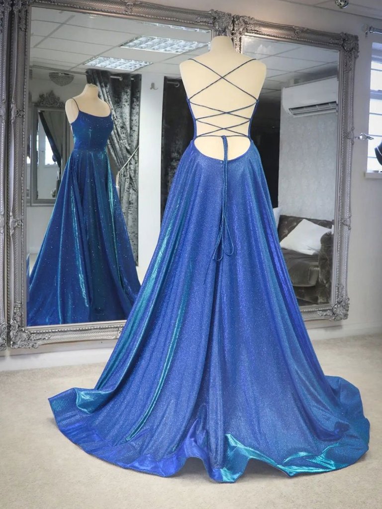 Blue Shiny Backless Blue Prom Dresses Open Back Long Formal Evening Dresses Ss543