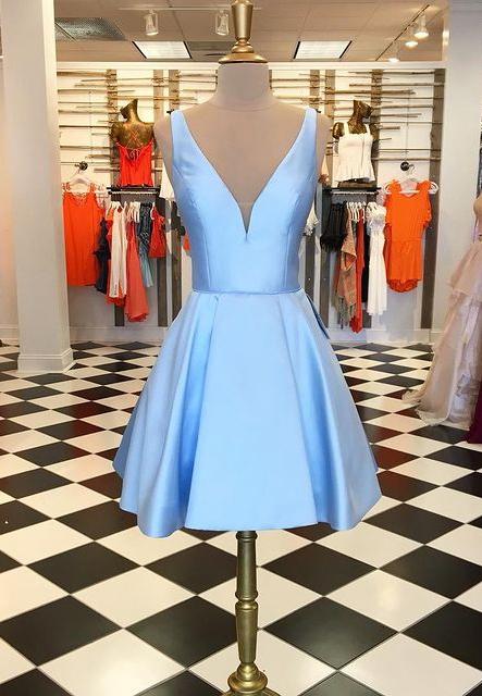 Blue V Neck Simple Short Prom Dresses,homecoming Dress Ss593