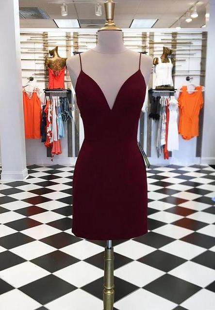 Simple Wine Red Strap Short Prom Dresses Homecoming Dress Ss594