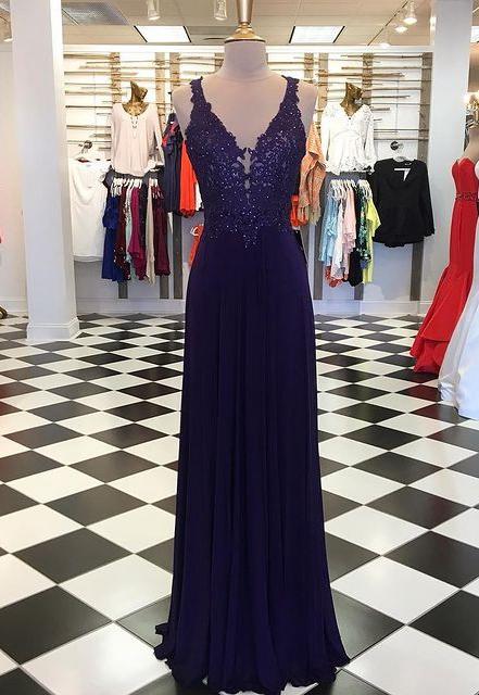 V-neck Long Prom Dresses With Appliques And Beading Evening Dress Ss596