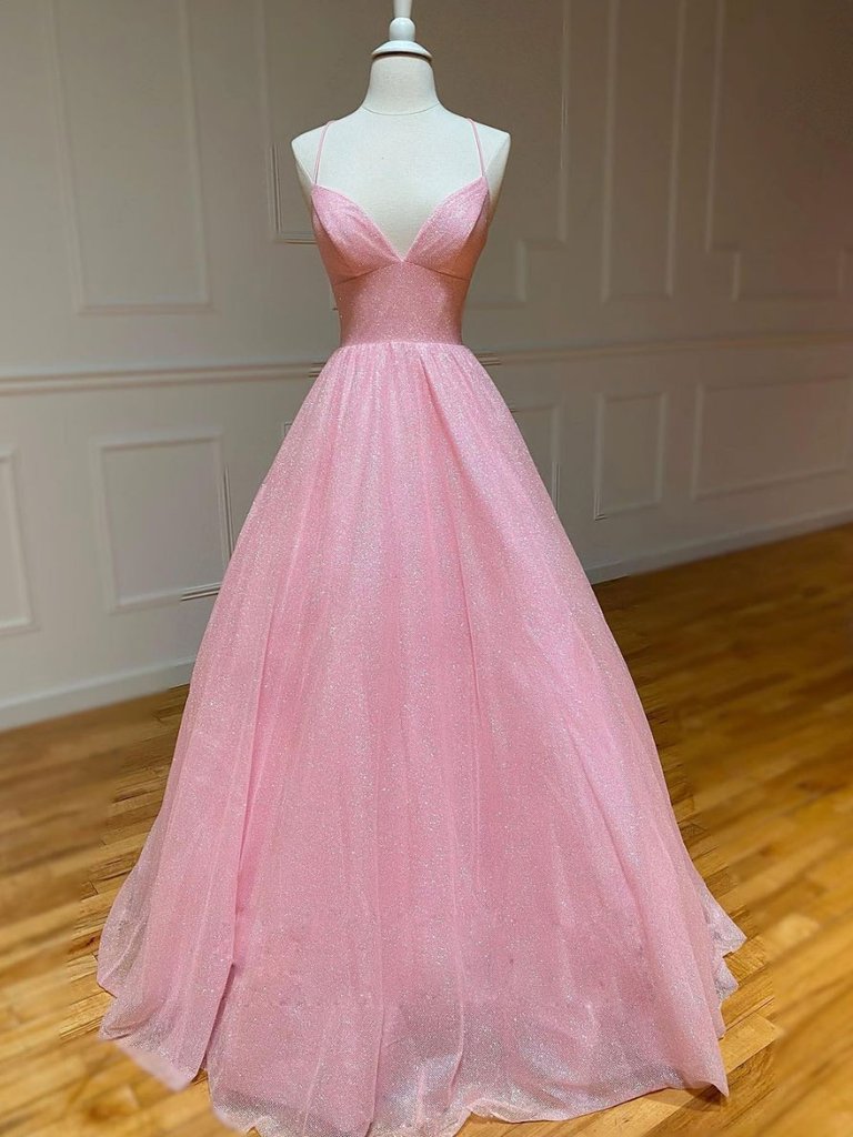 Pink A-line V Neck Tulle Long Prom Dress Evening Dress Ss604