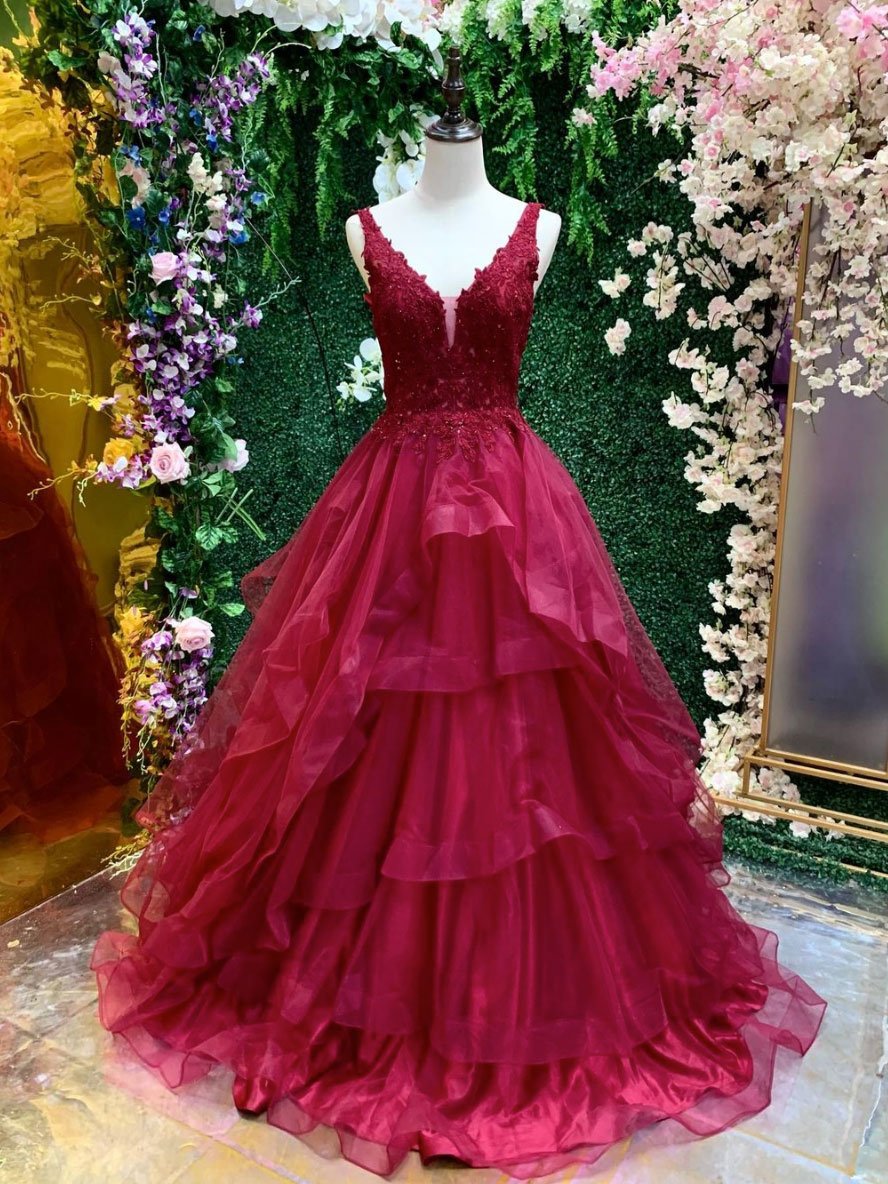 V Neck Tulle Lace Long Prom Dress Hand Made Burgundy Evening Dress Ss608