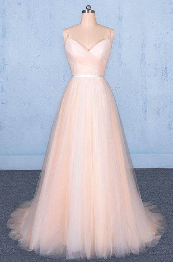 Pink V Neck Sleeveless Tulle A Line Prom Dresses Straps Tulle Evening Dress Ss619
