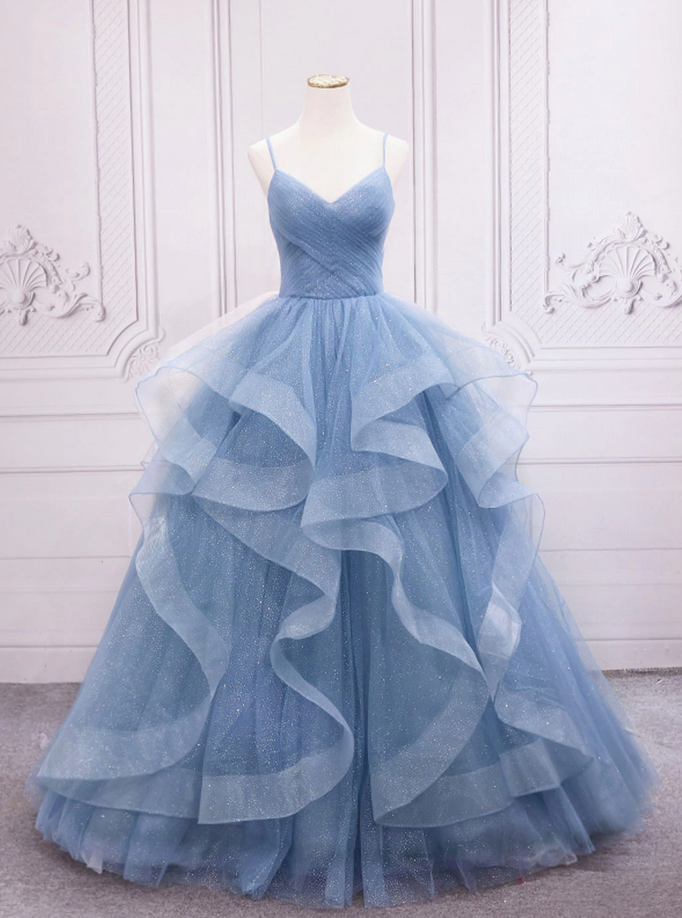 Blue Prom Dresses Tulle Long Evening Dress Full Length Sweet 16 Dress Ss623