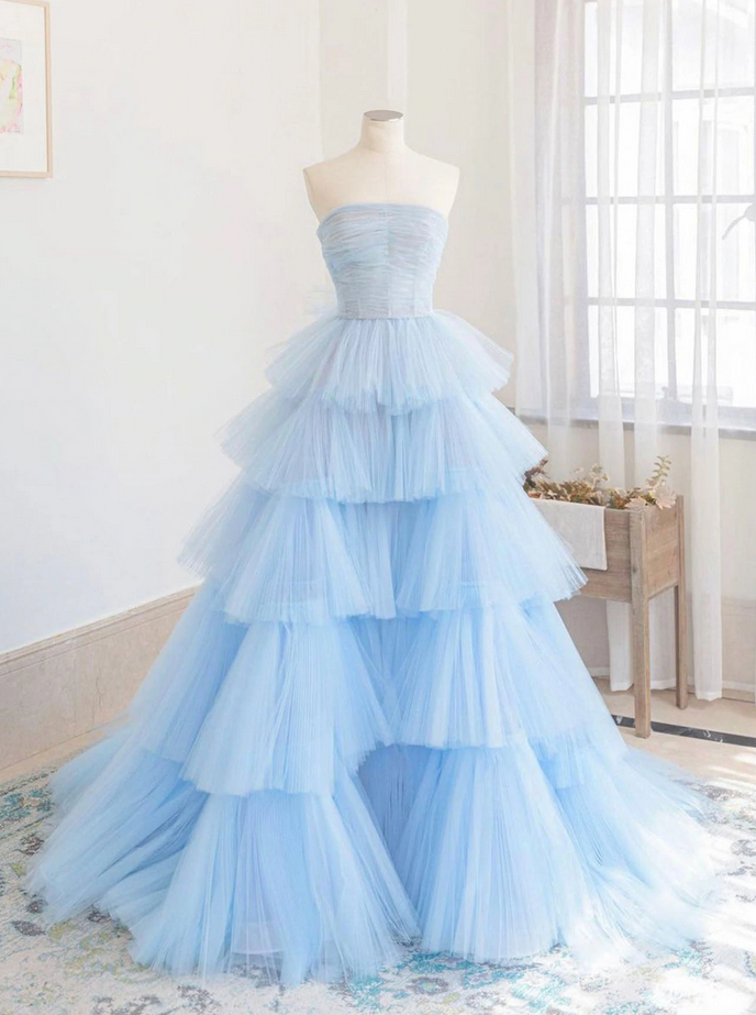 Blue Strapless Tulle Long Prom Dress Hand Made Custom Tulle Evening Dress Ss624