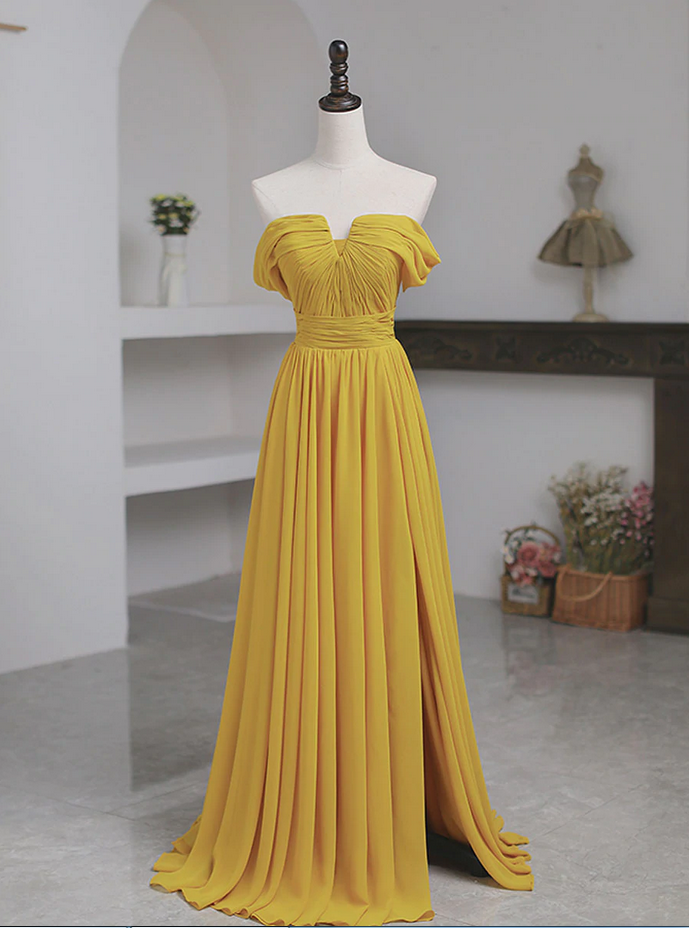 Yellow Simple Off Shoulder Long Prom Dress Hand Made Chiffon Evening Dress Ss625