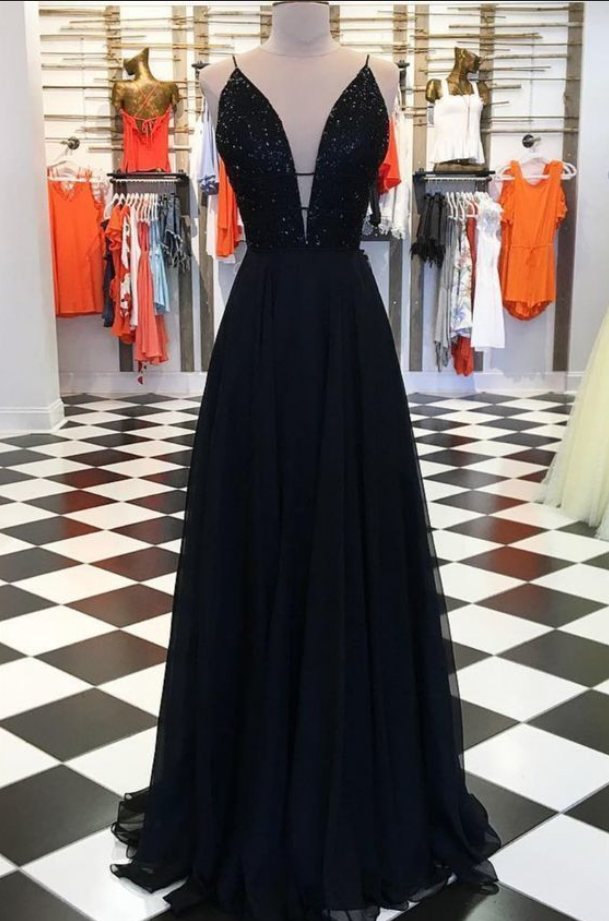 V-neck Prom Dress Black Full Length Evening Dress Ss627