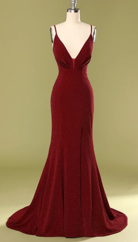 Burgundy V-neck Evening Dress Prom Dress Full Length Party Dress SS636