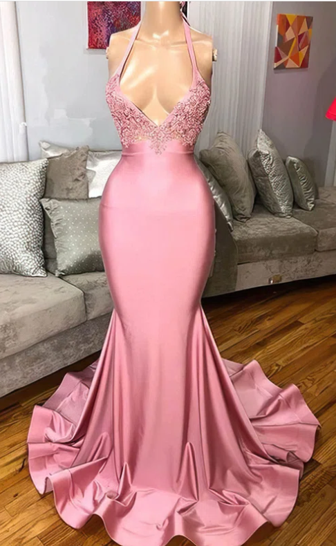 Pink Trumpet Mermaid V-neck Jersey Sweep Train Beading Prom Dresses Evening Dress Ss637