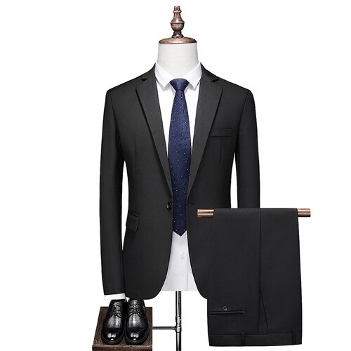 Men Formal Wear Solid Color Slim Business Casual Suit Two Pieces Coat Pants Groom Dress Blazers Jacket Trousers Ms07