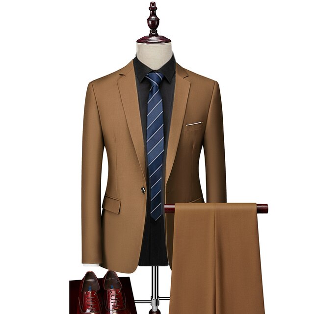 2 Pcs Suits Set Blazers Jacket Pants Fashion New Men Casual Boutique Business Plaid Slim Dress Formal Coat Trousers MS10