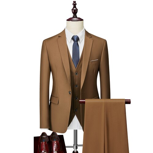 3 Pcs Suits Set Blazers Jacket Pants Vest Fashion New Men Casual Boutique Business Plaid Slim Dress Formal Coat Trousers MS11