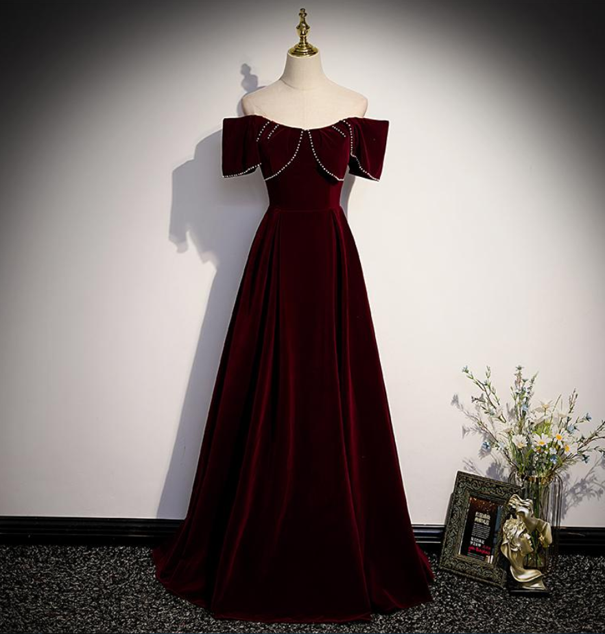 Wine Red Off The Shoulder Beaded Long Party Dress Prom Dress Evening Dress Bridesmaid Dresses Ss643