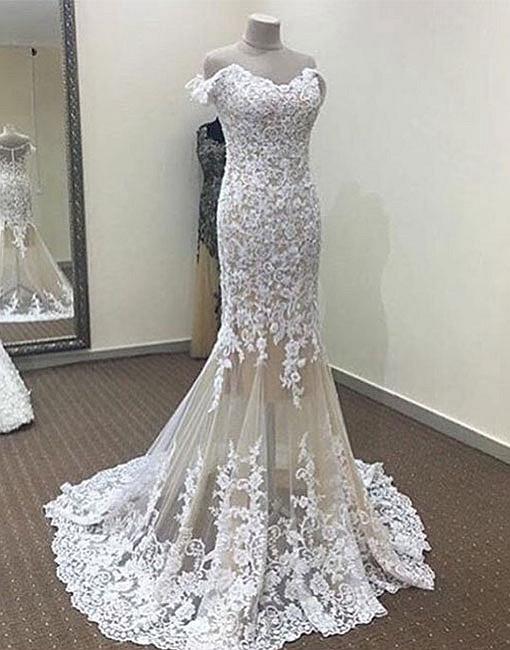 White Lace Champagne Tulle Mermaid Off The Shoulder Prom Dresses Long Lace Evening Dress Ss646