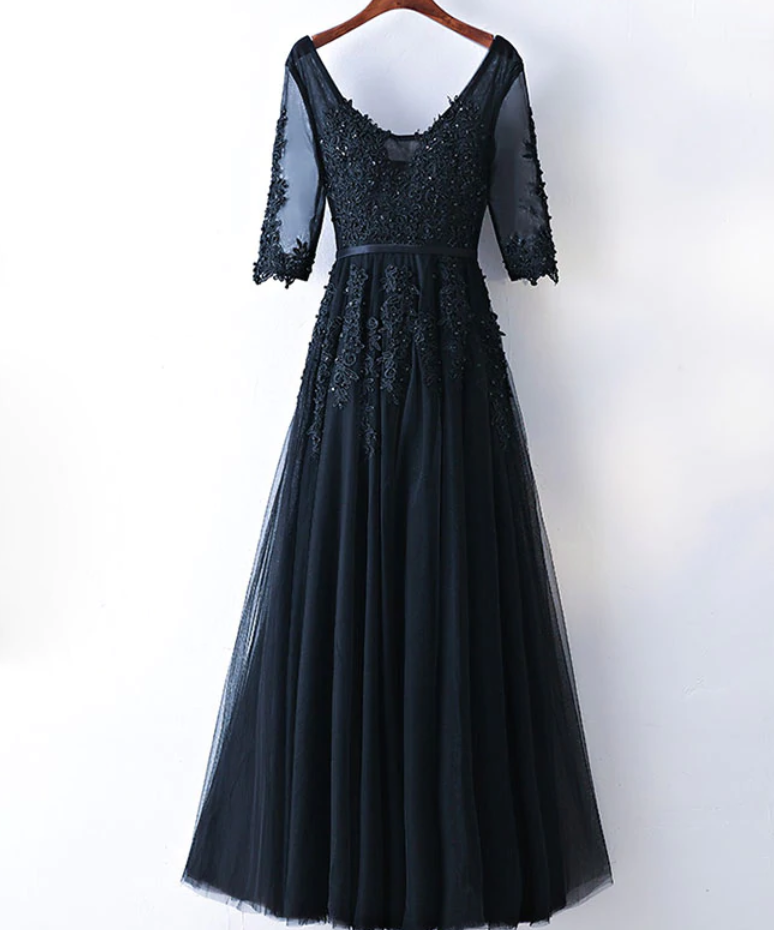 Navy Blue V Neck Tulle Lace Applique Long Prom Dress Evening Dress Ss653