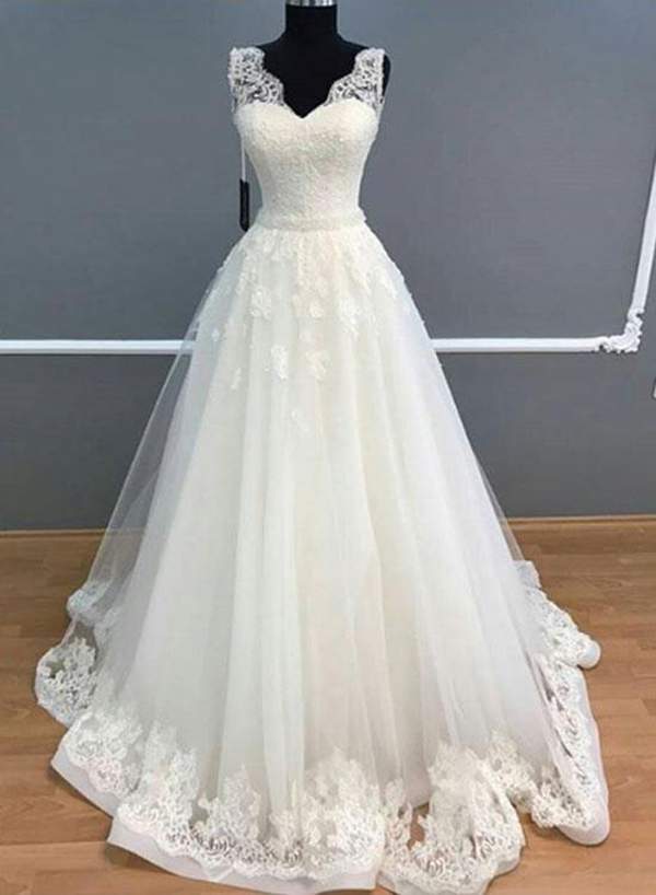 Elegant A-Line V-Neck Sleeveless Lace White Long Wedding Dress SS655