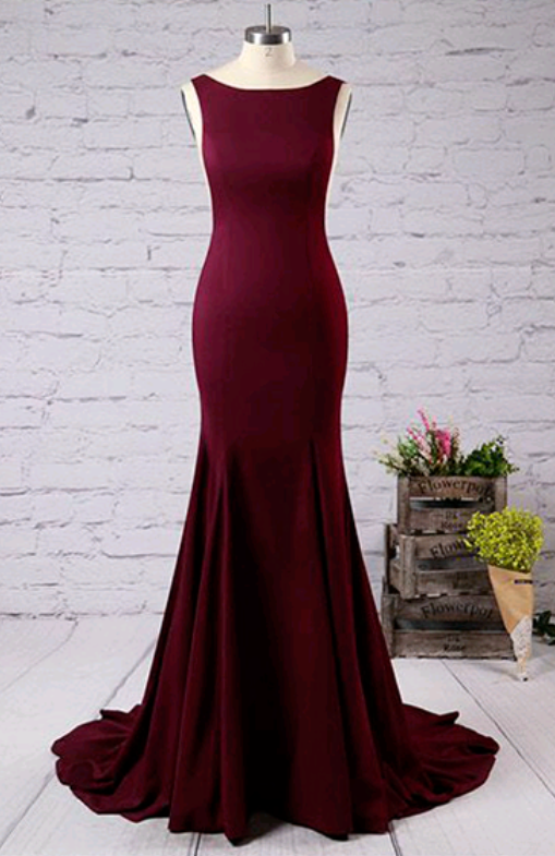 Wine Red Sexy Sleeveless Prom Dress Mermaid Satin Long Evening Dresses SS667