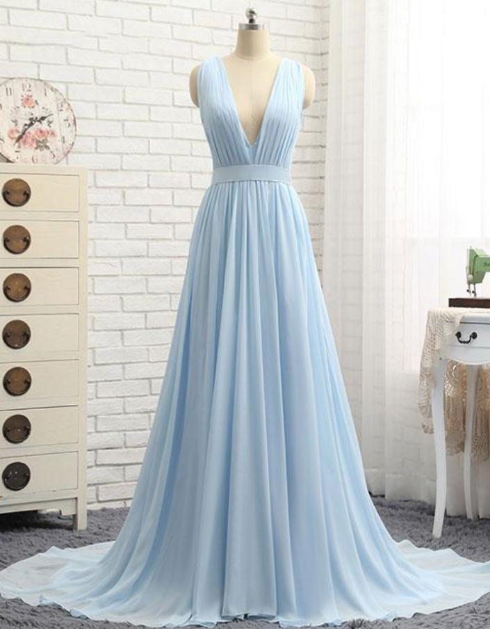 Hand Made Simple Blue V Neck Chiffon Long Prom Dress Evening Dress Ss669