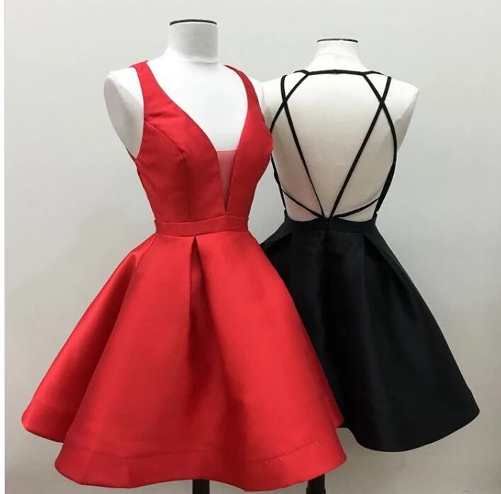 Red Black Satin Short Homecoming Dress Backless Prom Evening Party Gowns Cocktail Gowns Ss689