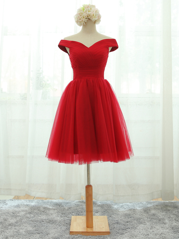 red tulle cocktail dress Simple red tulle off shoulder long prom dress, red tulle formal dress