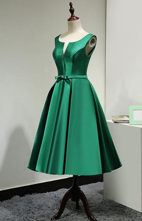 Green Satin Tea Length Bridesmaid Dress Lovely Homecoming Dress Evening Party Dress Ss701