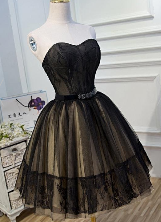 Vintage Black Lace Strapless Tulle Cocktail Dress
