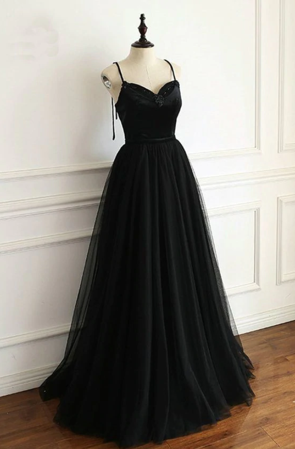 Black V-neck Spaghetti Strap Hand Made Backless Tulle Long Evening Prom Dresses Ss710