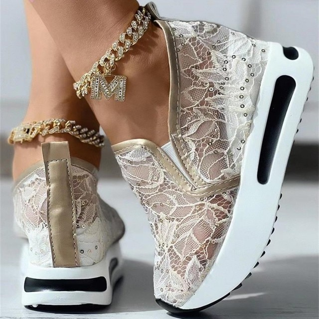 Women's Sneakers Floral Embroidery Mesh Sneakers For Women Slip On Casual Comfy Heeled Shoes Woman H123