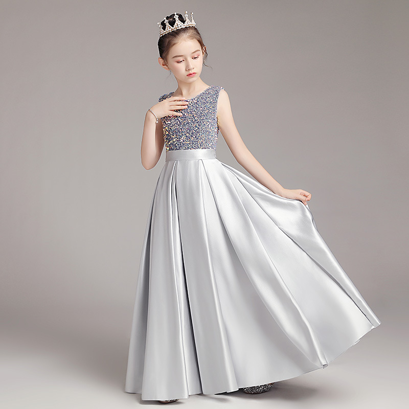 Flower Girl Dress Girls' Piano Competition Evening Dress Performance Costume Princess Skirt Children's Host Gray Phantom Waist