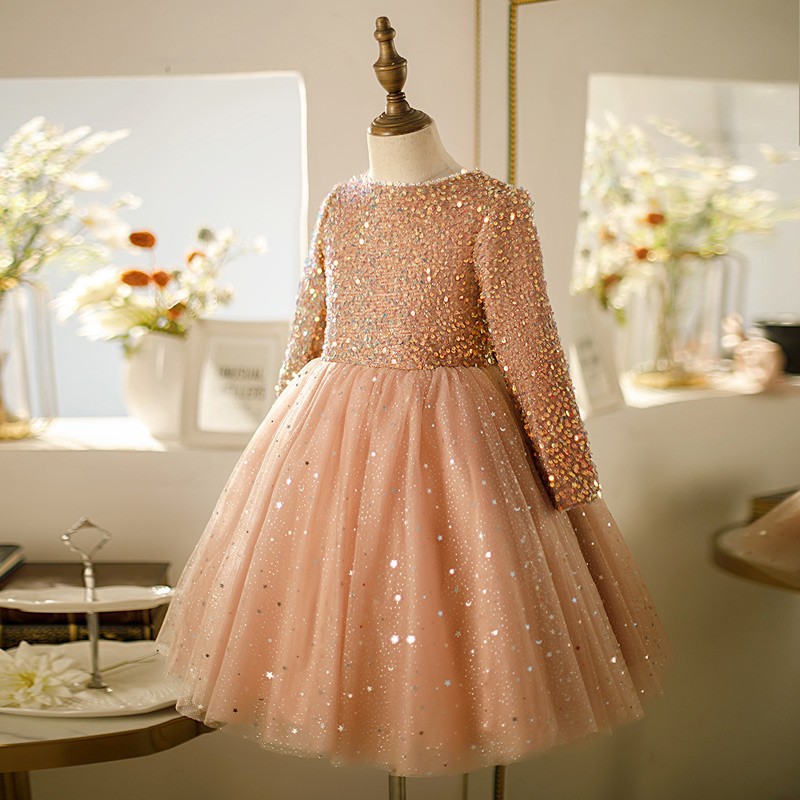 Princess Dress Host Catwalk High-end Champagne Gold Costumes Light Luxury Piano Performance Evening Skirt Girls Fll028