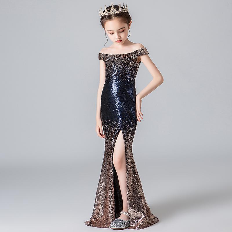 Children's Dress Girl Model Catwalk One-shoulder Piano Costume Mermaid High-end Evening Dress Skirt Fll035