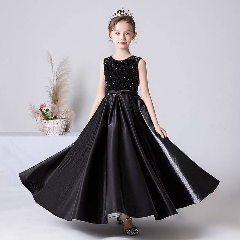 Black Dress Girl Violin Playing Long Skirt Host Piano Performance Costume Big Children Banquet Evening Dress Fll037